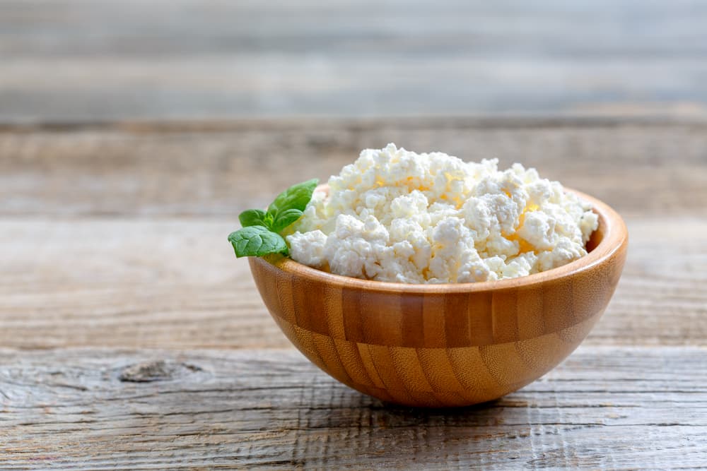 Cottage cheese in a bowl on a table