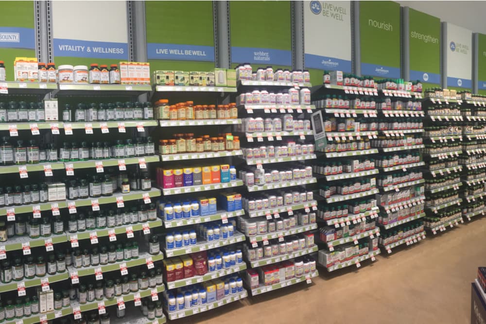 Supplement section of a health food store