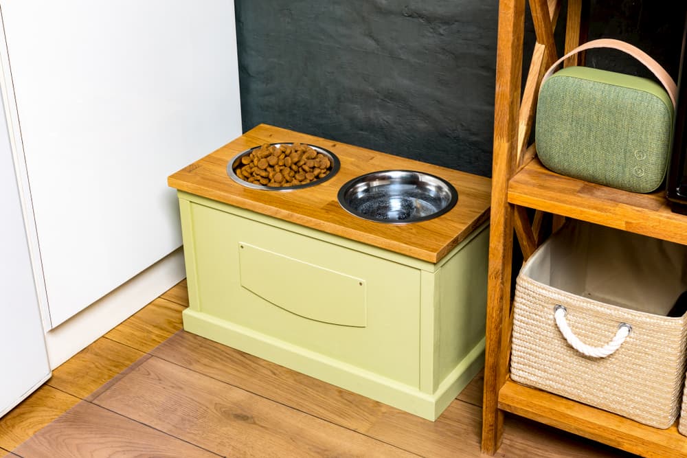 Elevated dog and water bowl in the home