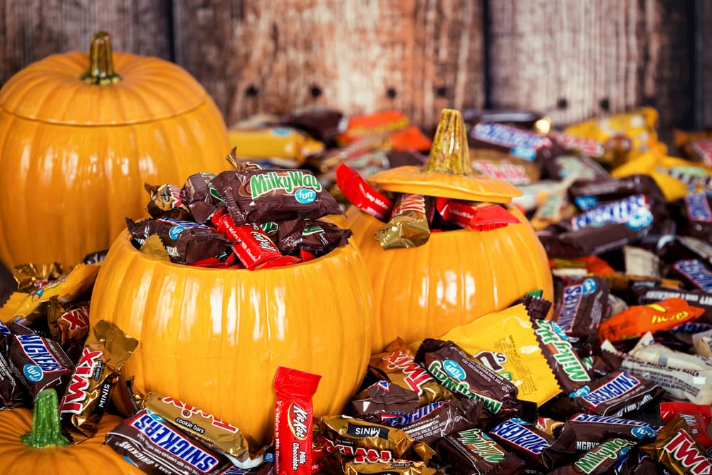 Halloween chocolate in plastic pumpkins