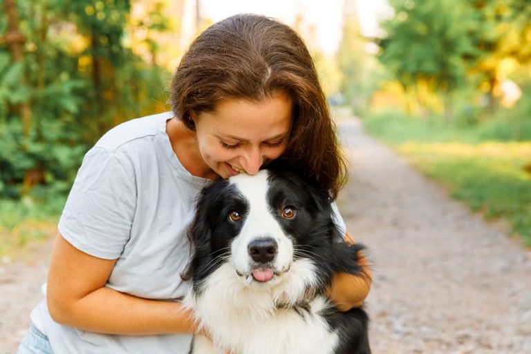 Owner with collie puppy sitting outside on a walk smiling as a very loyal dog breed