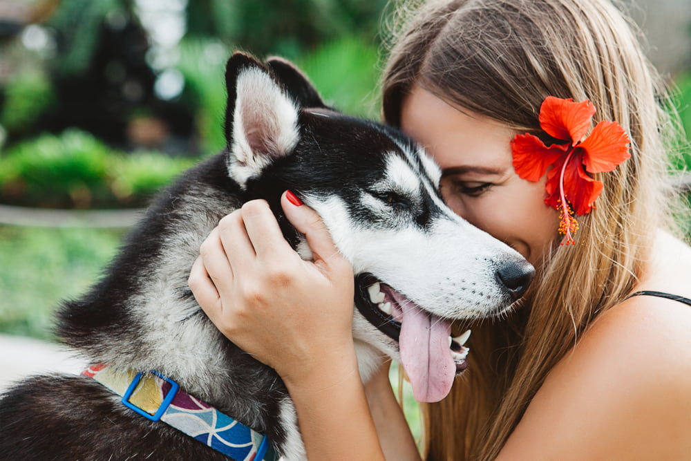 Woman hugs dog in Hawaii