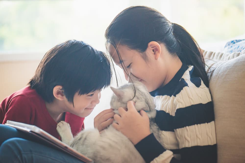 Two kids smiling and sitting on the couch with their cat