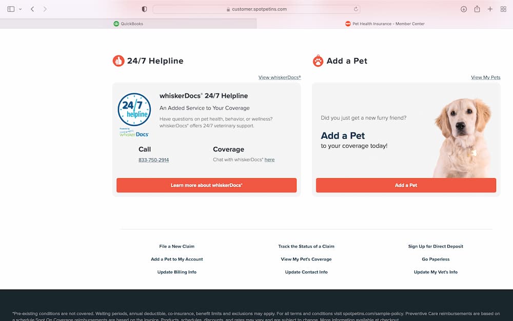Member center dashboard for spot pet insurance