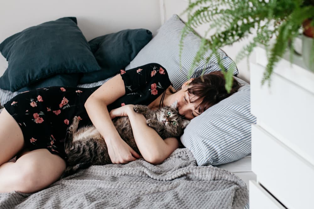 Cat sleeping with pet parent