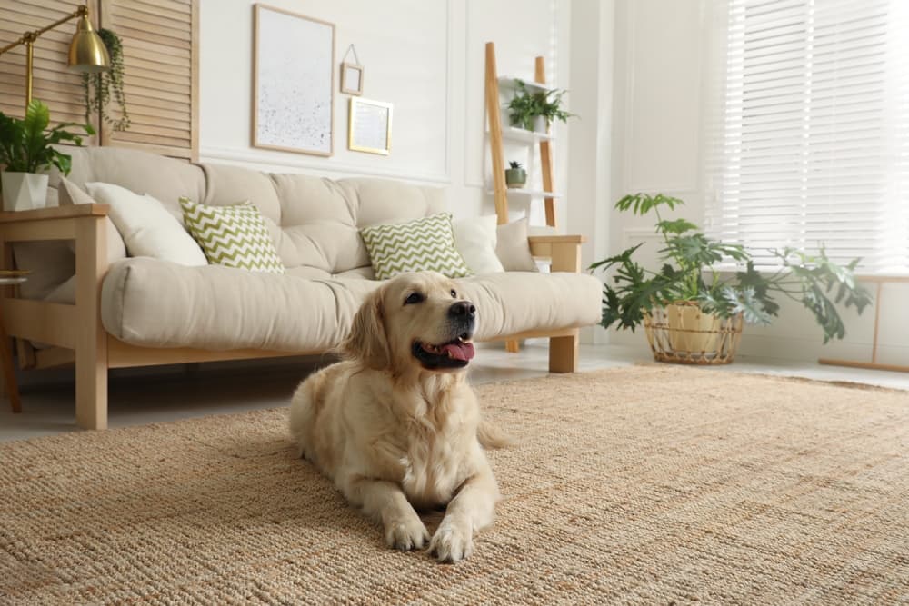 Happy dog laying on a carpet in a beautiful home