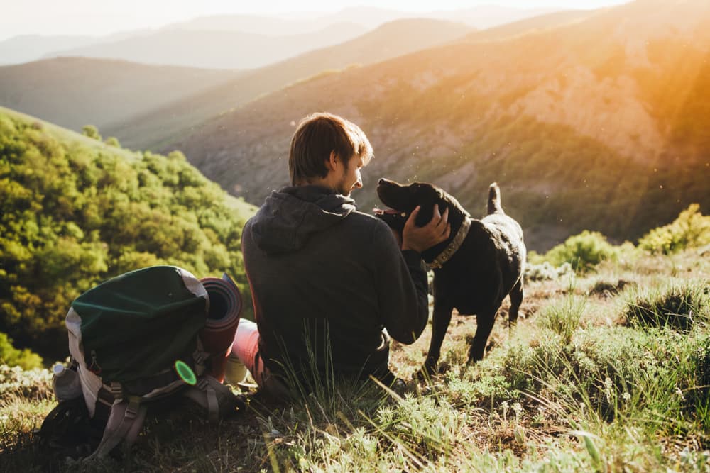 Dog and owner on a hike by a mountain