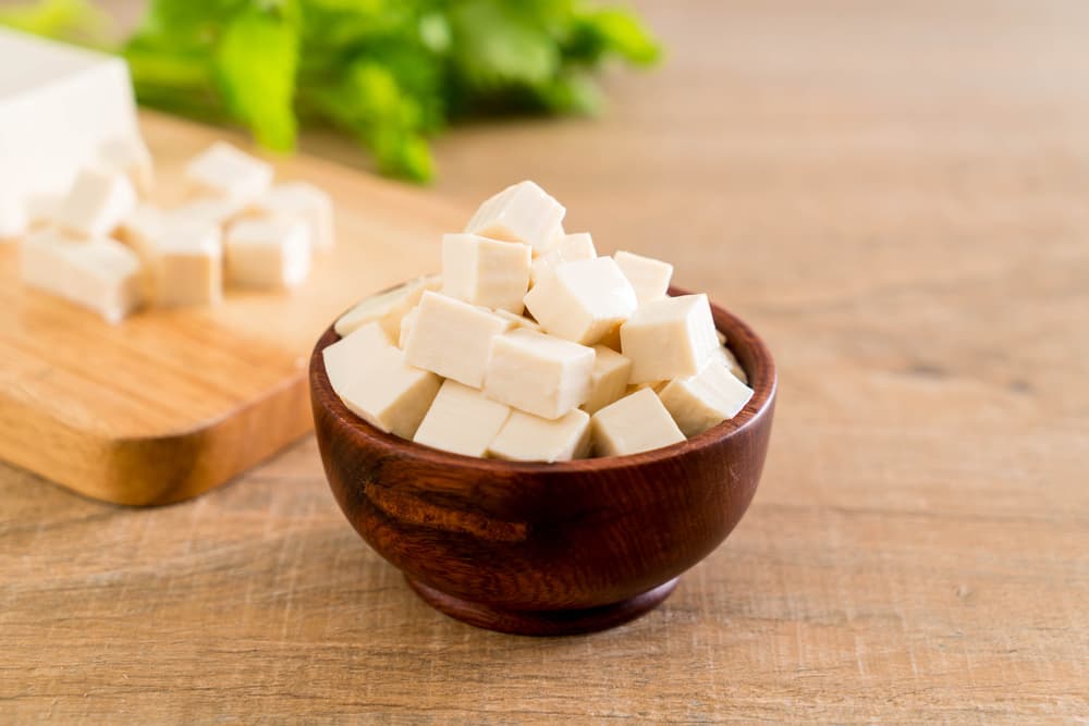 Cubed tofu on table