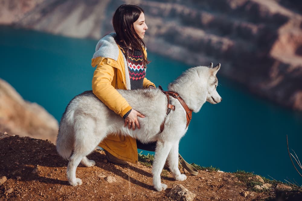 Woman with dog standing on a beautiful cliff