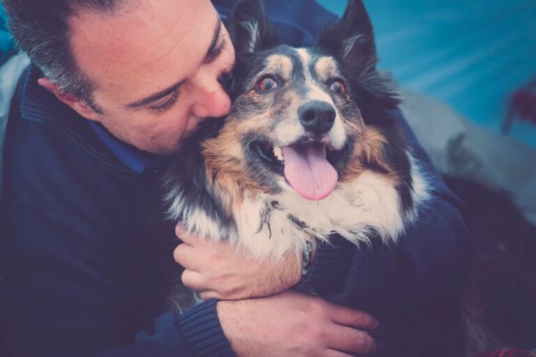 Man hugging senior dog