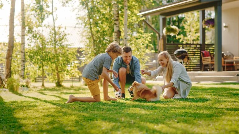 Family playing with their dog outdoors