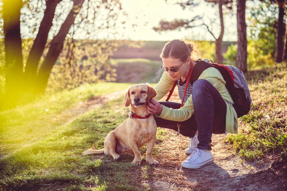 Woman bending down on trail to take tick off of dog