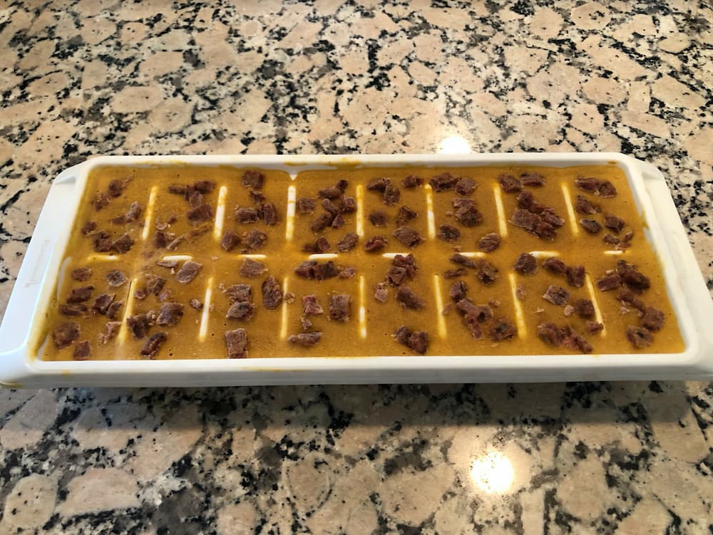 frozen bacon dog treats in ice tray